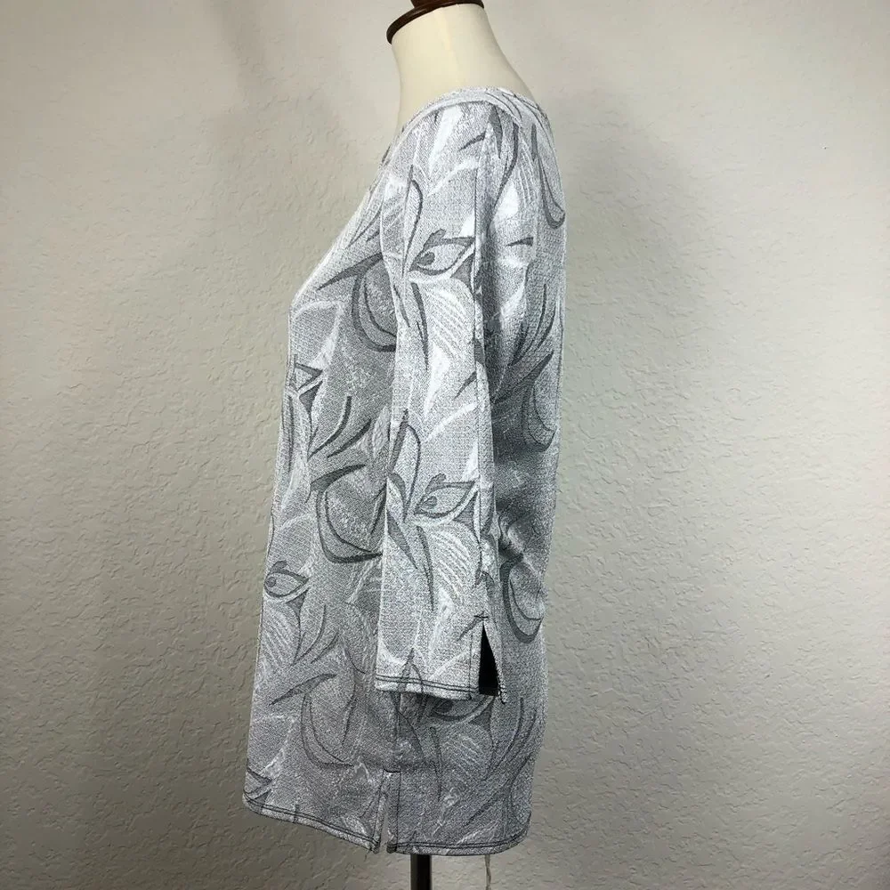 Chico’s Easywear Women’s Silver Floral PrintScoop Neck Blouse Top Shirt Sz S (0)